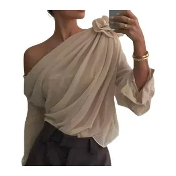 Dámská halenka MD béžová halenka na jedno rameno s volánem a květinou | M