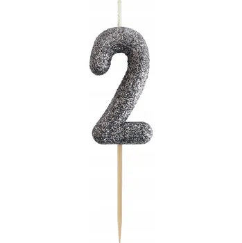 Dortová svíčka SVÍČKY na Dort k Narozeninám, Dekorativní Zápichy ČÍSLICE "2" Černá s BROKÁTEM