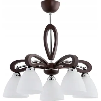 Rustikální dřevěný lustr hnědý s bílými stínidly do obýváku 5 žárovek Alfa