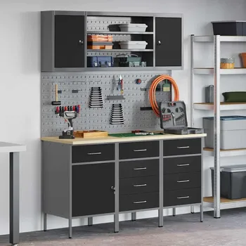 Dílenský stůl vidaXL Pracovní skříň se zásuvkou 7 pcs Černá Inženýrské dřevo a ocel [3321448]