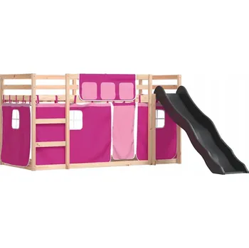 Postel Dřevěná patrová postel se skluzavkou, borovice, 205,5 x 87,5 x 113 cm, růžová