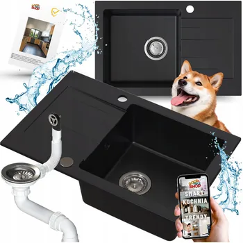 Granitový dřez Sada GRANITOVÝ DŘEZ černý se sifonem CHROM a kouzelnou HOUBIČKOU