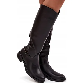 Dámské kozačky Dámské kozačky z eko kůže, plochý podpatek, na zip, ozdobný detail, černé, velikost 37