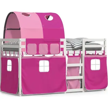 Postel Dřevěná patrová postel z borovice s růžovými závěsy 205,5 x 95,5 x 112 cm