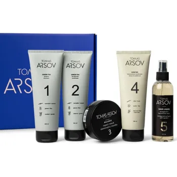 Kosmetická sada Tomas Arsov GREEN TEA dárková sada pro citlivé a oslabené vlasy (Šampon 250 ml | Kondicionér 250 ml | Leave-in kondicionér 250 ml | Maska 100 ml | Sprej 200 ml)
