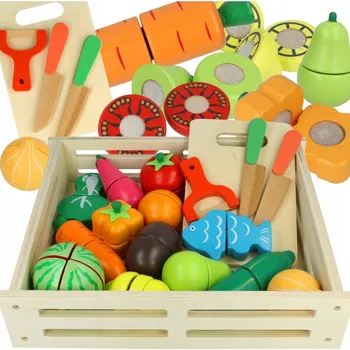 Dřevěná hračka Dřevěné ovoce a zelenina k krájení na suchý zip Stavebnice 17 ks. Bedýnka Nože