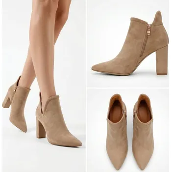 Dámská obuv A8702-63 KHAKI M SVĚTLE HNĚDÉ KOTNÍKOVÉ BOTY NA SLOUPKOVÉM PODPATKU 35