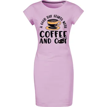 Dámské šaty Bavlněné letní šaty Coffee and cat Velikost: XL, Barva: Orchid