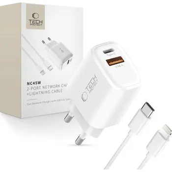 Tech-Protect | Tech-Protect NCA45W GaN síťová nabíječka USB / USB-C 45W PD QC + kabel Lightning, bíla