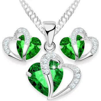 Náhrdelník Stříbrná Sada Náhrdelník a Náušnice Zelená Křišťálová Srdce STŘÍBRO 925