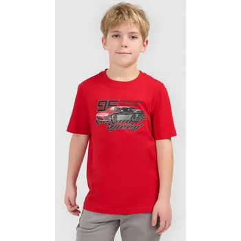 4F CHLAPECKÉ TRIČKO ČERVENÉ KLASICKÝ STŘIH BAVLNĚNÉ S POTISKEM VELIKOST 134 (8-9 let)