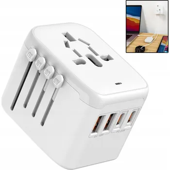 Cestovní adaptér do zásuvky pro více než 170 zemí - 2x USB-A, 2x USB-C, bílý