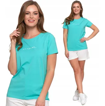 Dámské tričko TRIČKO BAVLNĚNÉ DÁMSKÉ S KRÁTKÝM RUKÁVEM MORAJ TYRKYSOVÉ S NÁPISEM L