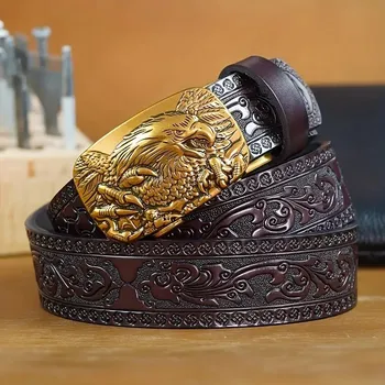 Opasek Pásek kožený opasek AUTOMATICKÝ PREMIUM zdobený ZLATÝM ORLEM TEXAS 110 cm