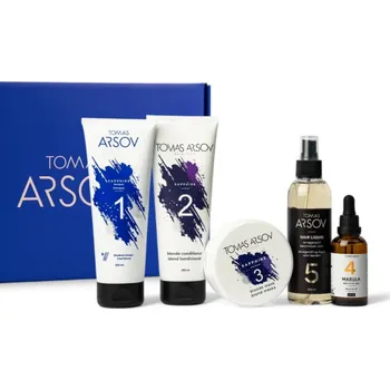 Kosmetická sada Tomas Arsov SAPPHIRE dárková sada pro blond vlasy (Šampon 250 ml | Kondicionér 250 ml | Maska 100 ml | Olej 50 ml | Sprej 200 ml)