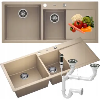 Granitový dřez Granitový kuchyňský dřez DŘEZ dvoudílný s odkapávačem BÉŽOVÝ 116 CM