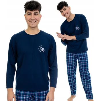 Pánské pyžamo PÁNSKÉ PYŽAMO NÁMOŘNICKÁ MODRÁ DLOUHÝ RUKÁV DLOUHÉ KALHOTY KOSTKOVANÉ TYRKYSOVÁ POTISK KB M