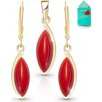 Náušnice Zlaté náušnice s korálem, sada šperků: korálkový přívěsek a náhrdelník, stříbro 925