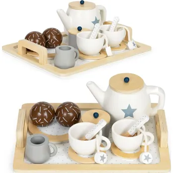 Dřevěná hračka Dřevěná Sada na Čaj Konvička Šálky Kuchyňka Obchůdek 17 dílů