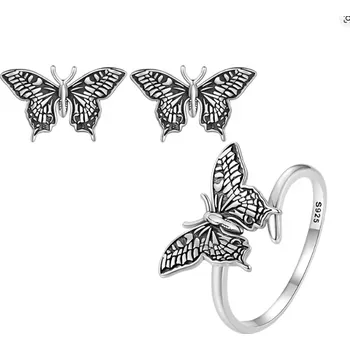 Náušnice B-TOP Výrazná stříbrná sada s motýlem – náušnice a nastavitelný prsten - Stříbro 925