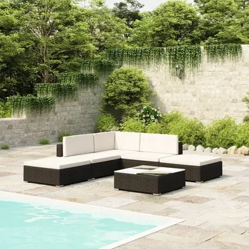 6-dílná sedací souprava na zahradu, polštáře, PE ratan, černá barva