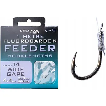 Rybářský háček Háčky zemní, splávkové, s návazcem a s otřepem Drennan Fluorocarbon Feeder Hooklength Wide Gape 8 ks
