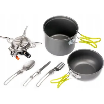 Turistický vařič KEMPINGOVÁ SADA PLYNOVÝ VAŘIČ HRNEC PÁNEV PŘÍBORY 4V1