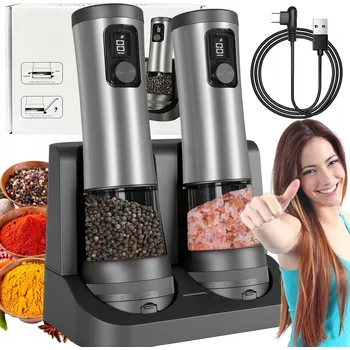 Kuchyňský mlýnek SADA 2 ELEKTRICKÝCH MLÝNKŮ NA KOŘENÍ S PODSTAVCEM, MLÝNEK NA PEPŘ