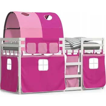 Postel Dřevěná patrová postel z borovice s růžovými závěsy 205,5 x 95,5 x 112 cm