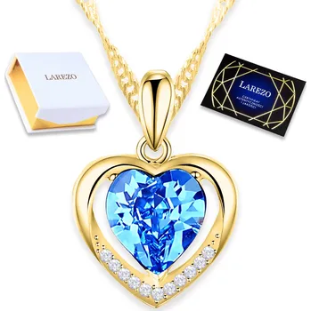 Náhrdelník Zlatý Náhrdelník Modré Křišťálové Dvojité Srdce Zirkony STŘÍBRO 925