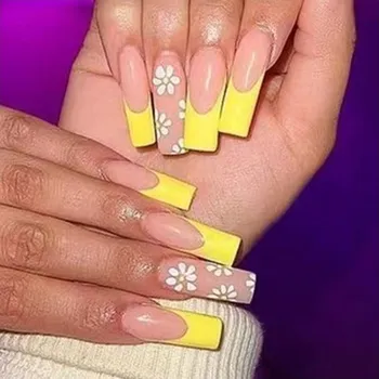 Brishow Umělé francouzské dlouhé nalepovací nehty Žluté květy Nalepovací nehty Balerínské umělé