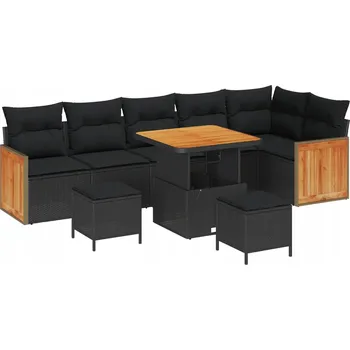 9dílná zahradní sedací souprava s polštáři, černý polyratan a akácie