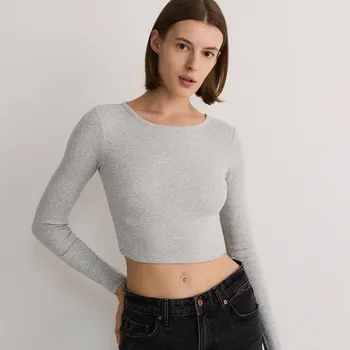 Dámské tričko Reserved - Krátký bavlněný dlouhý rukáv - světle šedá - 1635I-09M - 1635I-09M-S-4