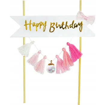 Obraz Ozdoba na dort Happy Birthday - růžové třásně