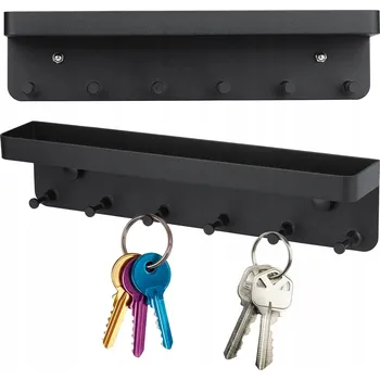 Věšák Nástěnný kovový věšák černý s poličkou a 6 háčky