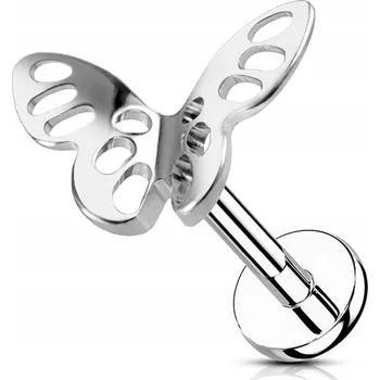 Náušnice Labret s motýlkem s prolamovaným vzorem 1,2/6 stříbrný