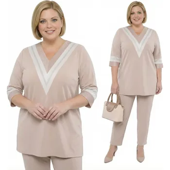 Dámská tunika Béžová tunika s bílo-zlatým výstřihem, plus size velikost 58