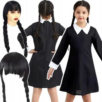 Karnevalový kostým KOSTÝM Wednesday Addamsová ŠATY NA PLES PARUKA VELIKOST M 115-125 KOSTÝM