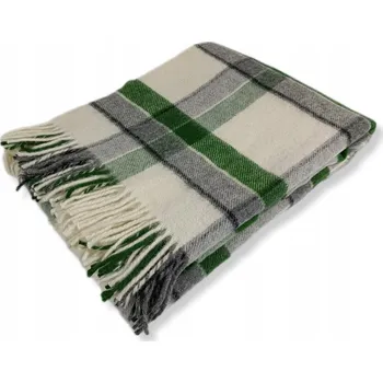 deka Vlněná deka s třásněmi 150x200 cm, novozélandská vlna, zelená a krémová kostka