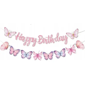 Narozeninová girlanda - nápis Happy Birthday, baner s motýly