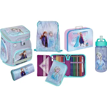 Školní sada Frozen set 7 ks batoh, sáček, penál, etue, přívěšek, kufr, láhev