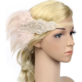 Čelenka B-TOP Elegantní vintage čelenka do vlasů s kamínky a světle růžovým peřím ve smetanové barvě