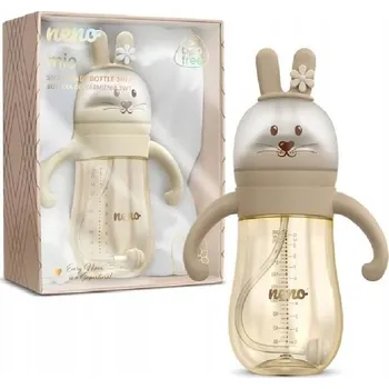 Kojenecká láhev Lahev Na Pití Neno hnědý silikonový 300 ml s držadly a brčkem 6 m+