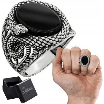 Prsten Stříbrný pečetní prsten ryzost 925 Hadí prsten s oválným onyxem | vel. 21