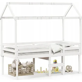 Bílá vysoká dětská postel s baldachýnem a žebříkem, 205,5 x 85,5 x 89 cm