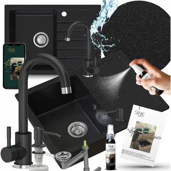 Granitový dřez SET GRANITOVÝ DŘEZ JEDNOKOMOROVÝ S ODKAPÁVAČEM A BATERIE S EFEKTEM DEŠTĚ