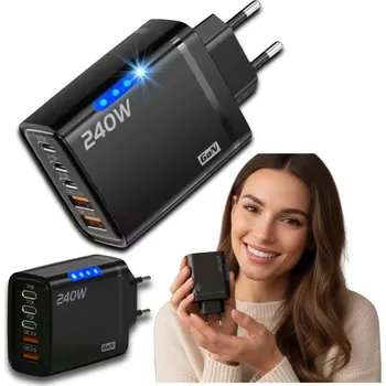 SÍŤOVÁ NABÍJEČKA PRO TELEFON RYCHLÁ 240W 5 PORTŮ GaN USB-C 3.0