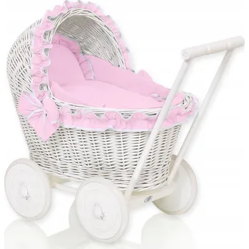 Kočárek pro panenku Proutěný kočárek pro panenky odrážedlo bílý s růžovým povlečením a výplní