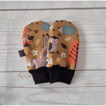 Rukavice Yháček Mini softshellové rukavice bez palce s beránkem, Lesní zvířátka okr, II. jakost Velikost:: S