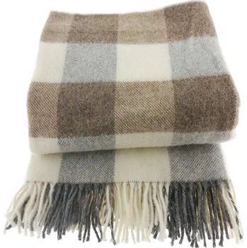 deka Vlněná deka s třásněmi 150x200 cm, novozélandská vlna, šachovnicový vzor, béžová a hnědá